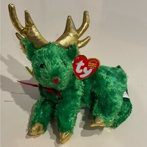 Ty Beanie Babies Sleighbelle green & gold Reindeer (2004) Christmas - NWT!